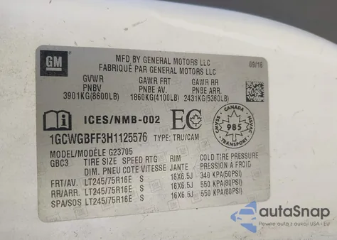 2017 Chevrolet Express 2500 Work Van из США, поврежденный, VIN 1GCWGBFF3H1125576